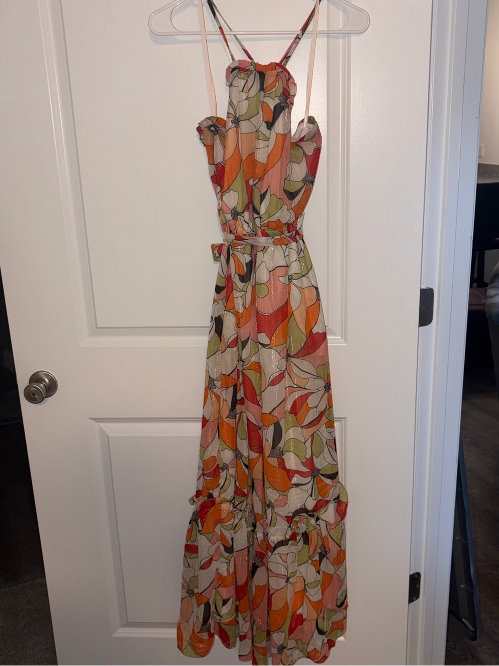 BCBGeneration Spaghetti-Strap Maxi Dress in Orange, Green & Cream Abstract Print